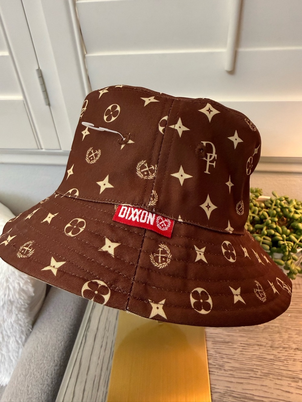 DIXXON Bougie Gold Digger Bucket Hat with Beige Monogram Print BNWOT never worn